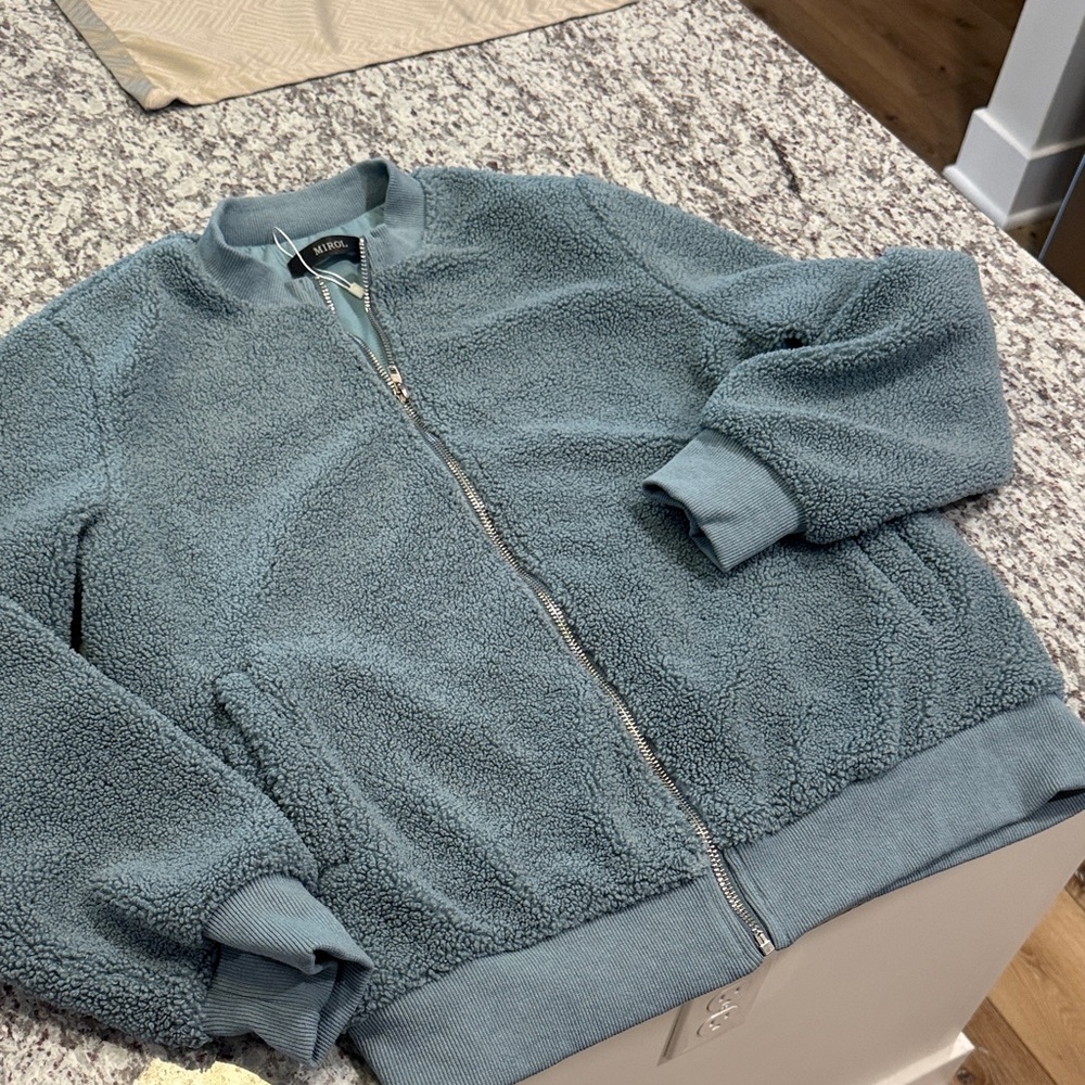 Aritzia Plush Teddy Bomber Jacket in Slate Blue-Green